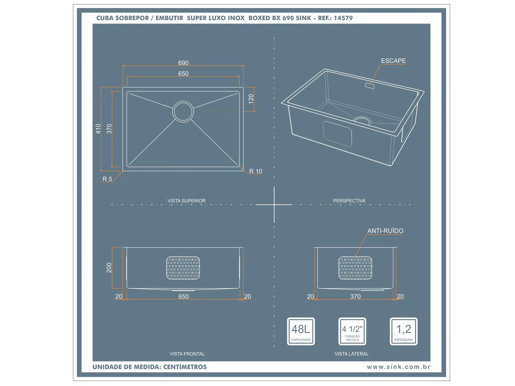 Cuba Boxed BX 690 650x370x200 Embutir/Sobrepor SINK - Imagem 2