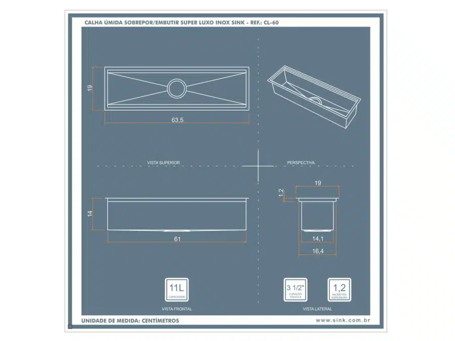 Calha Úmida Inox 1085x190x140mm Escovada Com Acessórios Sink - Image 3