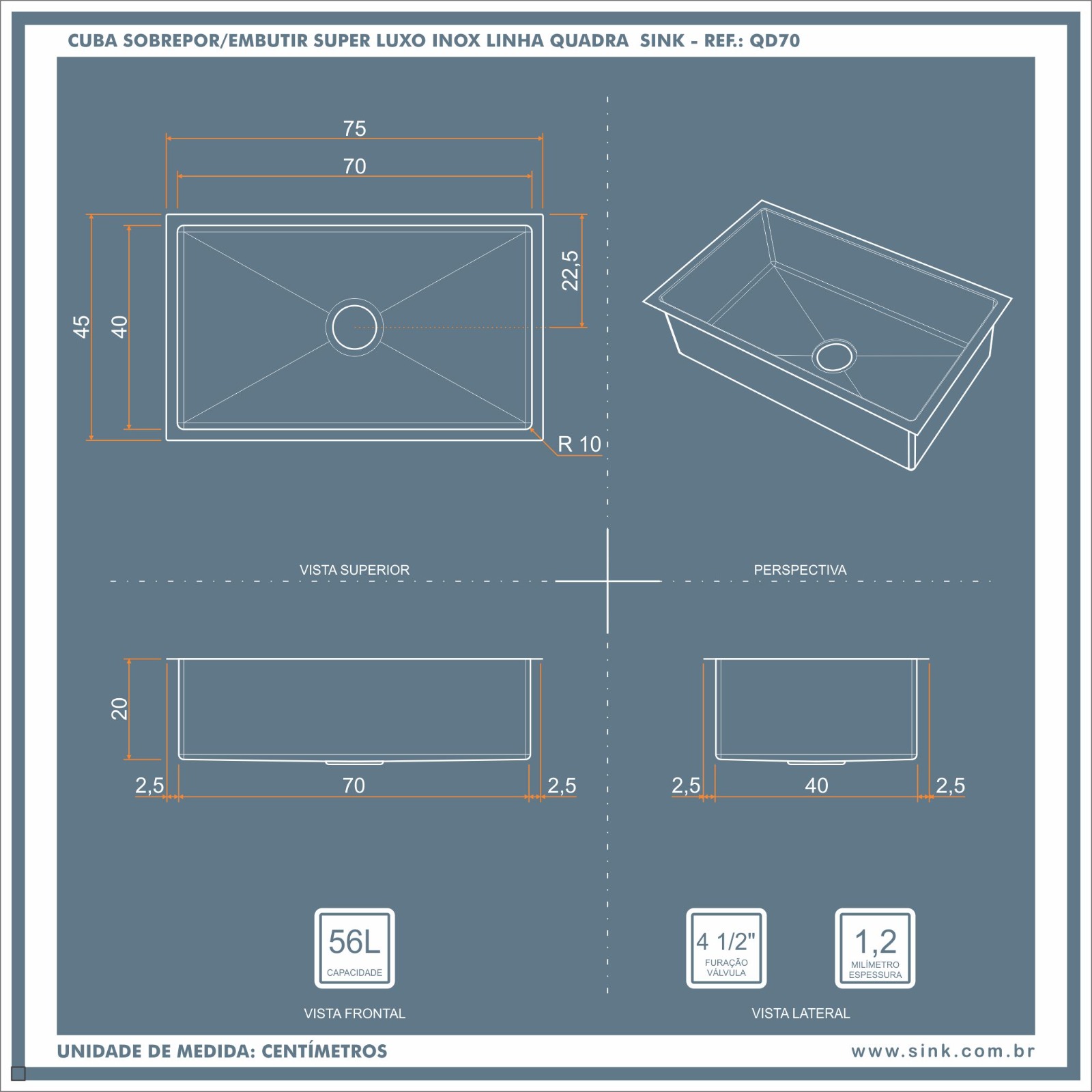 Cuba Quadra Gourmet QD70 R10 Inox 700X400X200mm Escovado Embutir/Sobrepor SINK - Imagem 6