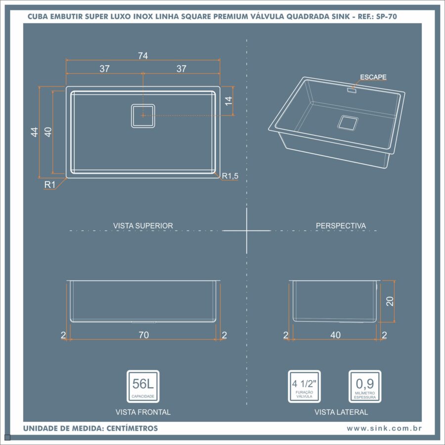Cuba Inox Square Premium 700X400X200mm Escovado Embutir R15 4.1/2" SINK - Image 3