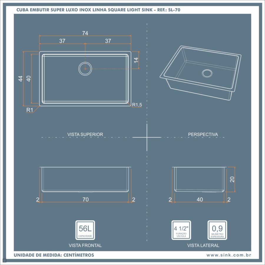 Cuba Inox Square Light 700X400X200mm Escovada Embutir Sink