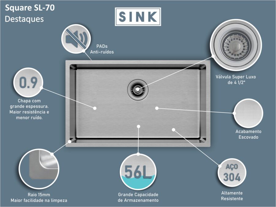 Cuba Inox Square Light 700X400X200mm Escovada Embutir Sink - Image 3