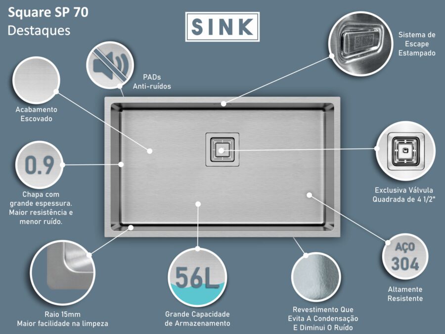 Cuba Inox Square Premium 700X400X200mm Escovado Embutir R15 4.1/2" SINK - Image 2