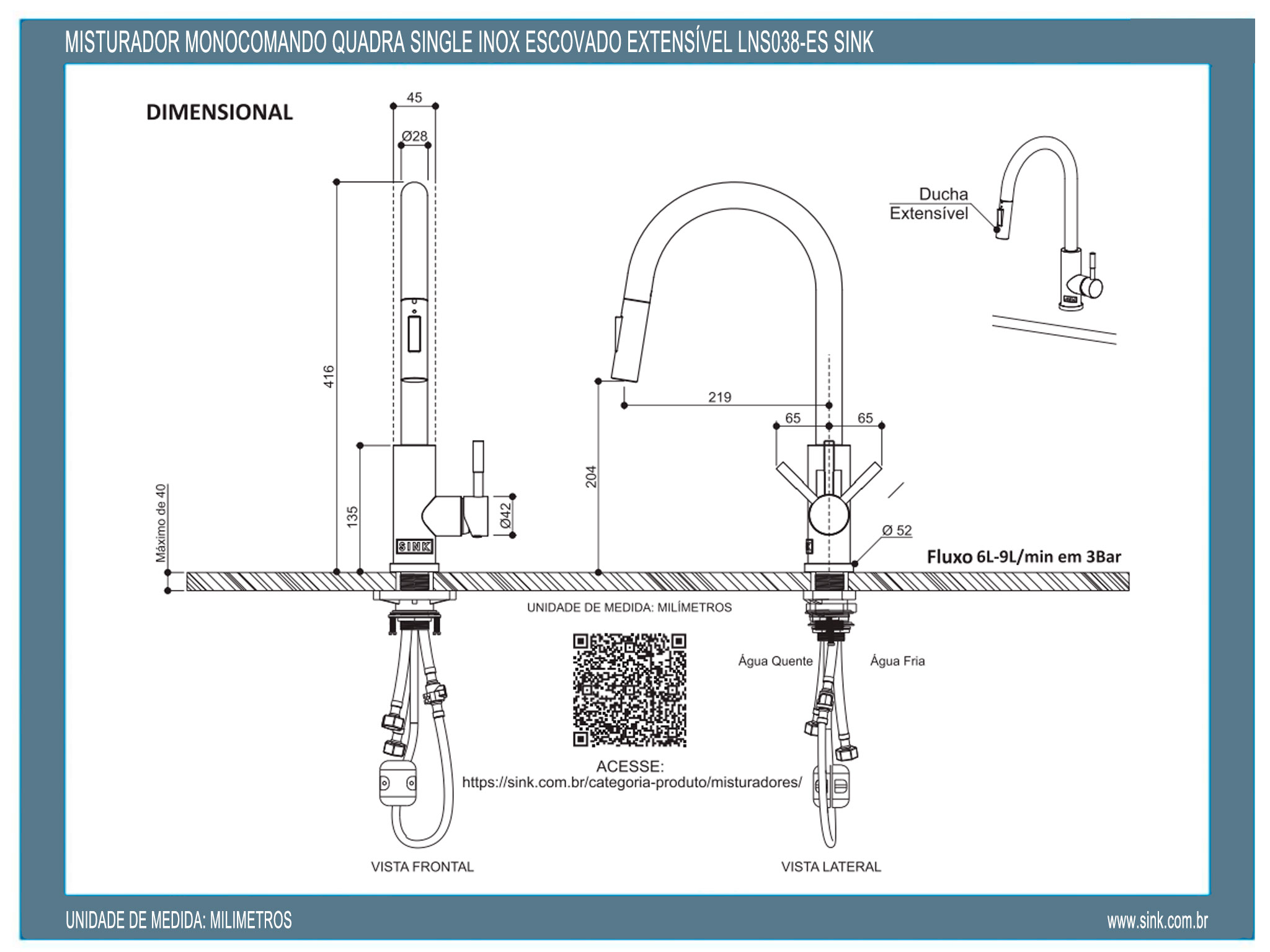 Misturador Monocomando Quadra Single Inox Escovado Extensível LNS038-ES Sink