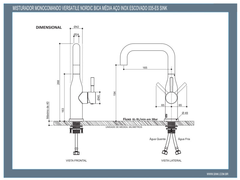 Misturador Monocomando Versatile Nordic Bica Média Aço Inox Escovado 035-ES Sink