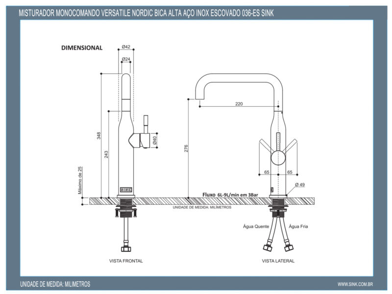 Misturador Monocomando Versatile Nordic Bica Alta Aço Inox Escovado 036-ES Sink