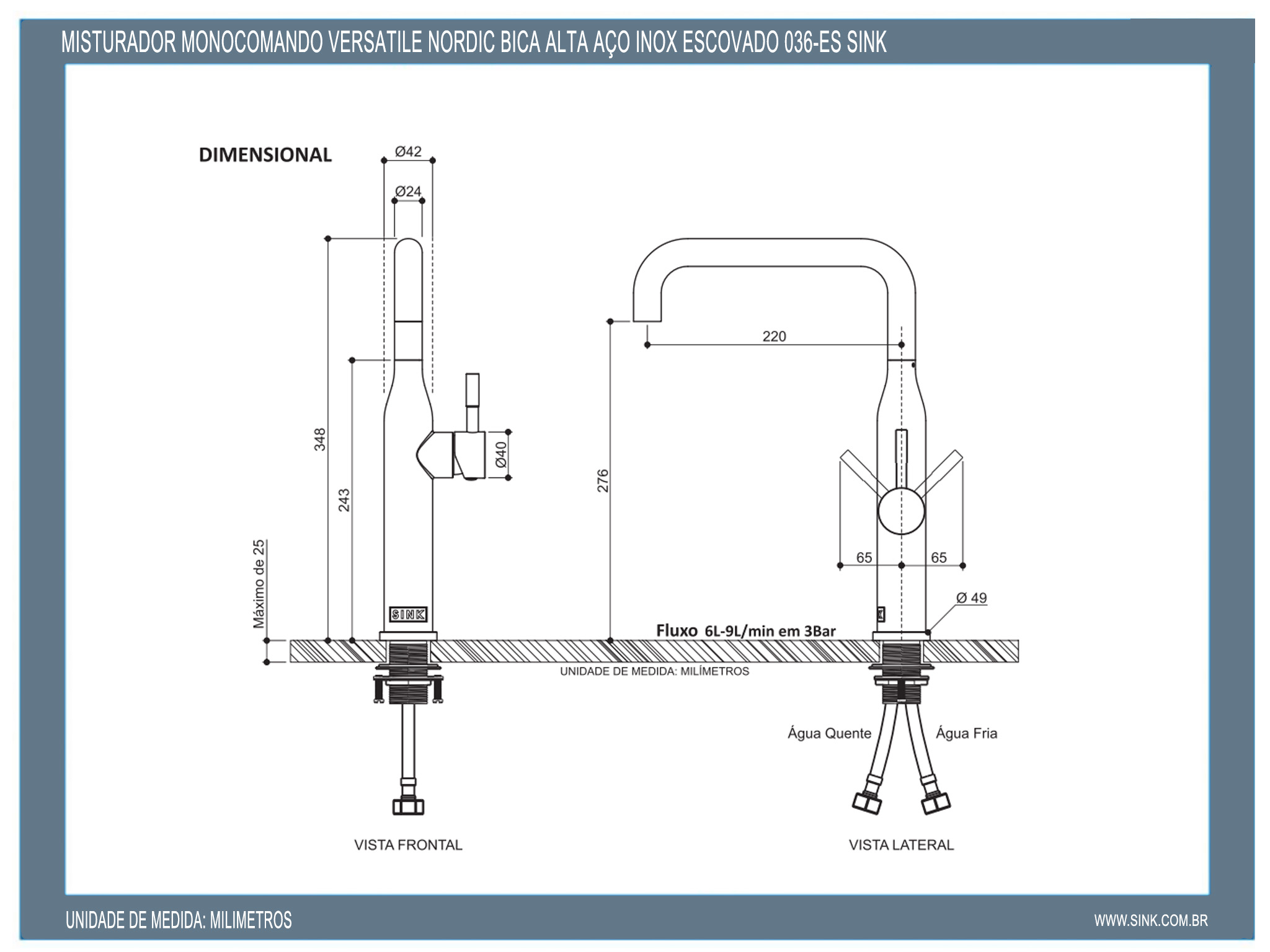 Misturador Monocomando Versatile Nordic Bica Alta Aço Inox Escovado 036-ES Sink