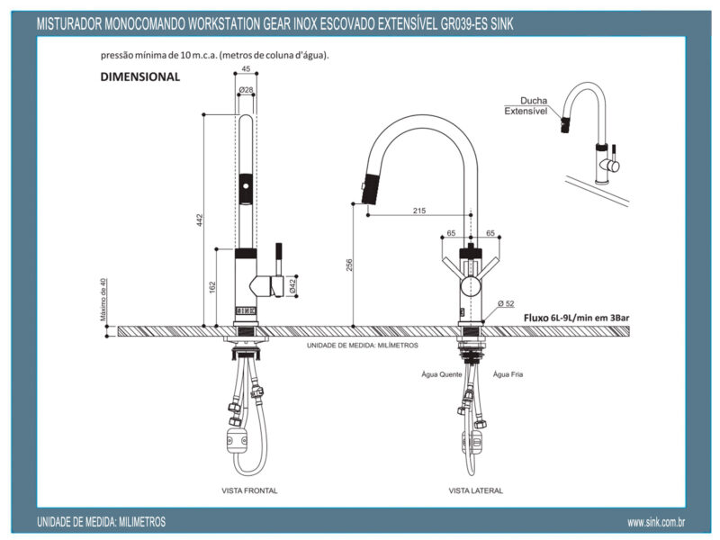 Misturador Monocomando Workstation Gear Inox Escovado Extensível GR039-ES Sink