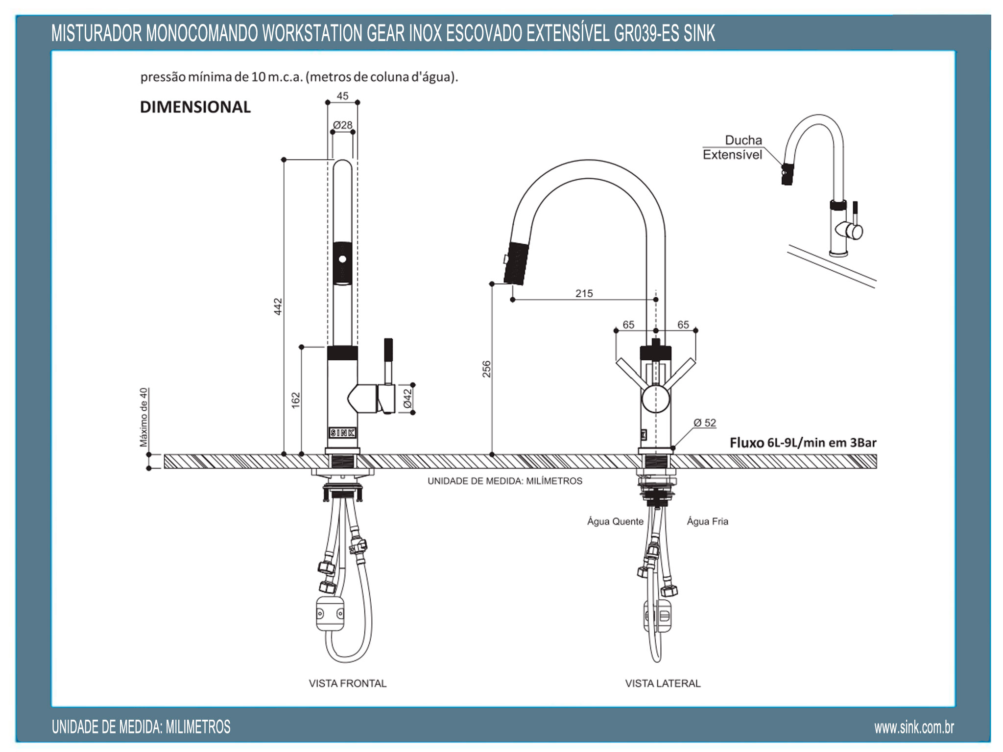 Misturador Monocomando Workstation Gear Inox Escovado Extensível GR039-ES Sink